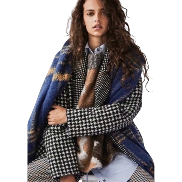 Free People Houndtooth Chelsea  Long Coat  Laine Wool Black And White Overcoat - Picture 5 of 9